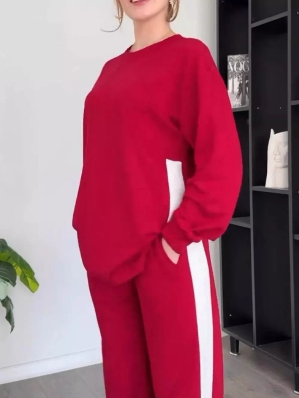 Full Size Contrast Round Neck Top and Pants Set Plus Size, image 19