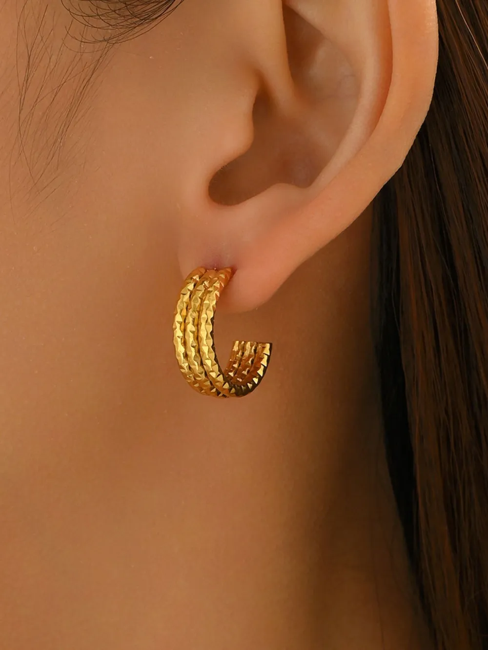18K Gold-Plated Textured Triple Band Hoop Earrings, image 2