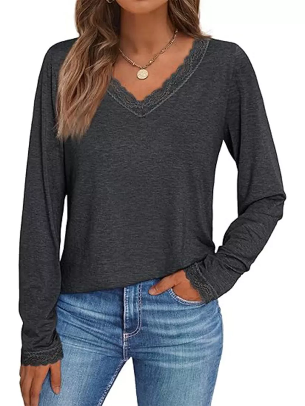 Lace Trim V-Neck Long Sleeve T-Shirt, image 8