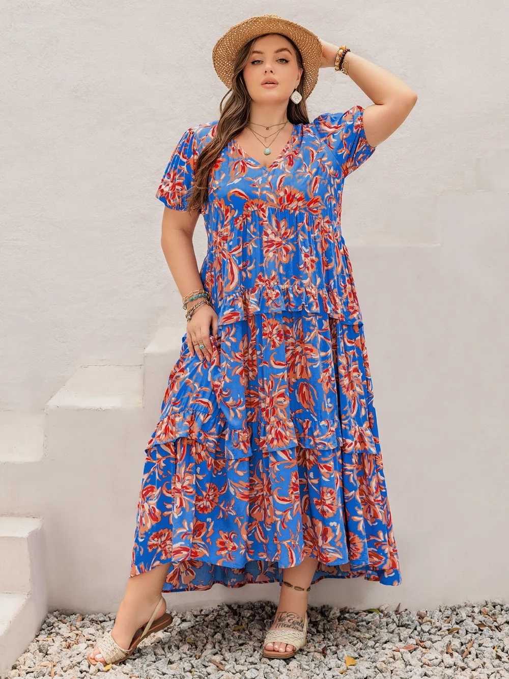 Plus Size Ruffled Printed V-Neck Short Sleeve Maxi Dress