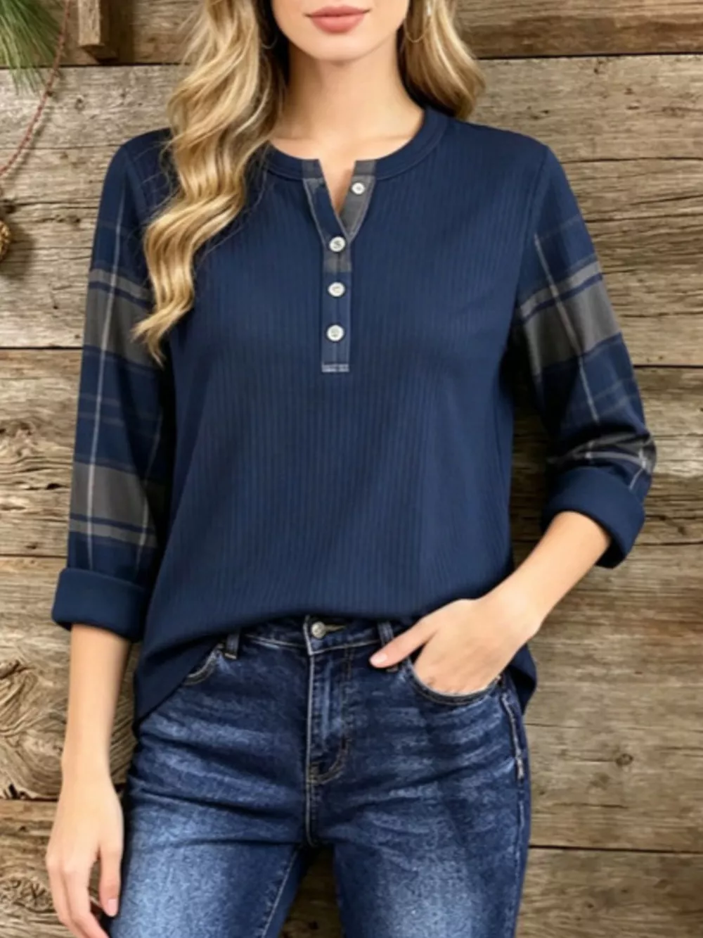 Full Size Ribbed Knit Henley T-Shirt with Plaid Contrast Sleeves Plus Size, image 3