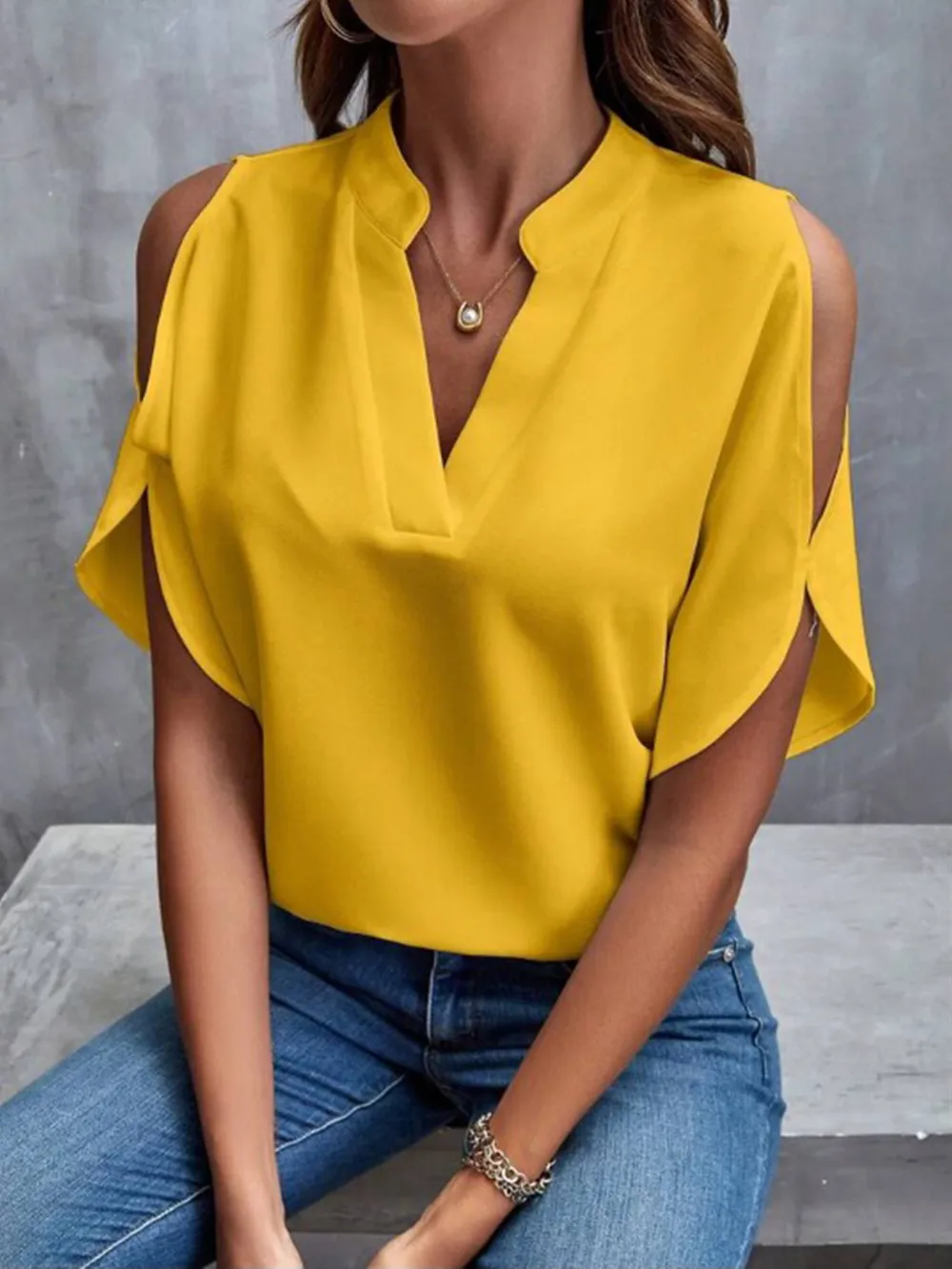 Notched Cold Shoulder Half Sleeve Blouse, image 21