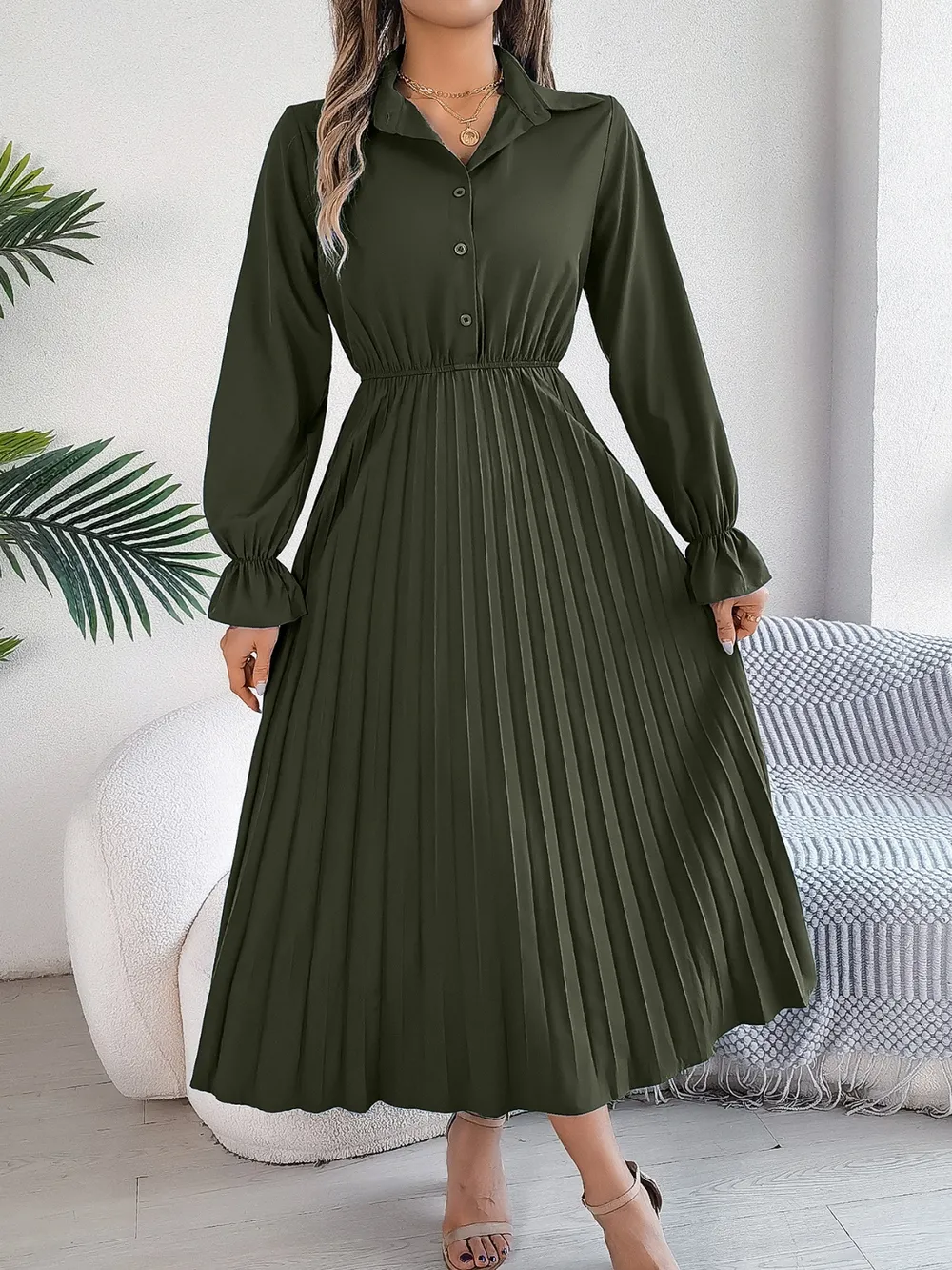 Pleated Half Button Long Sleeve Midi Dress, image 16