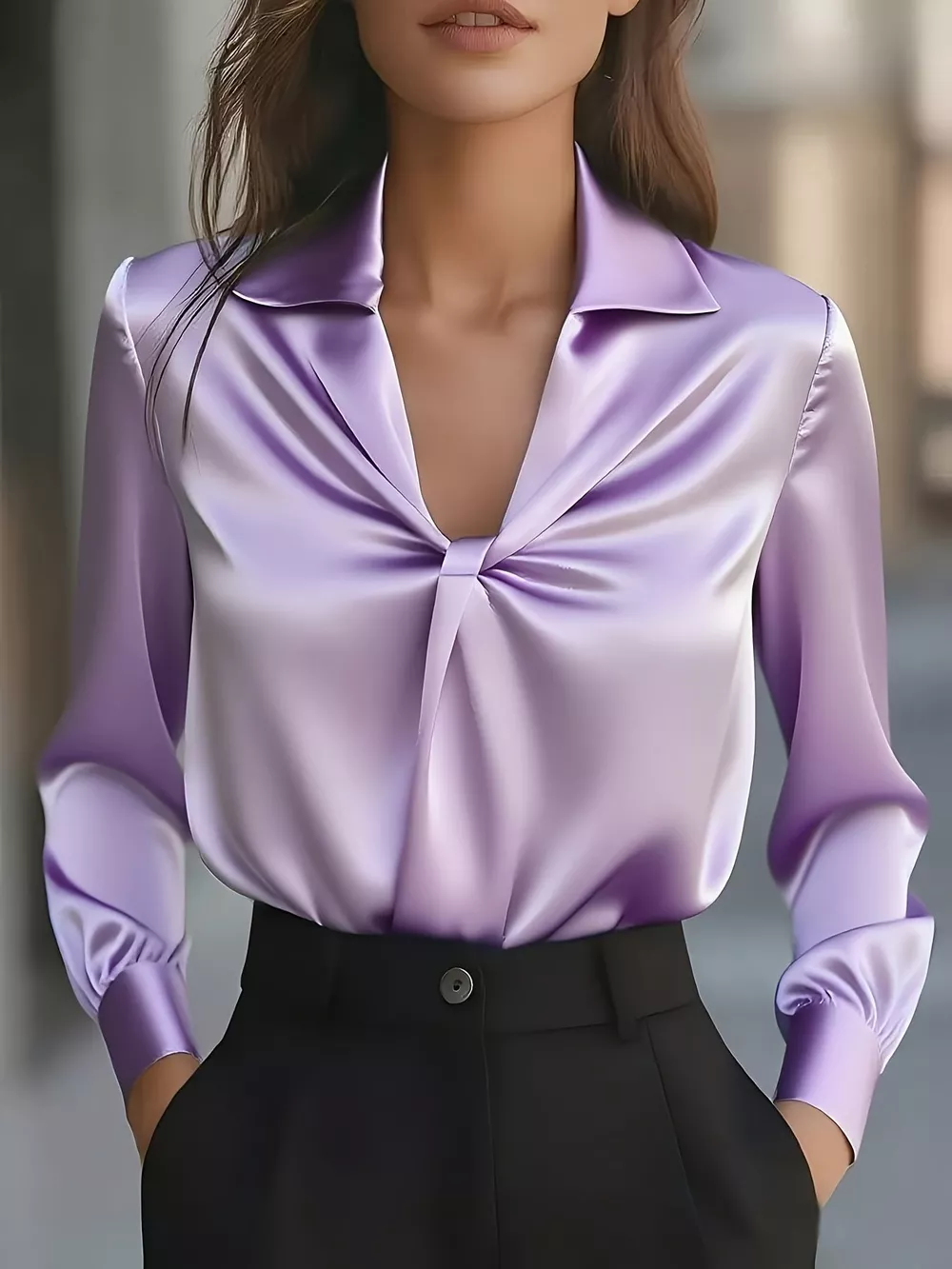Ruched Collared Neck Long Sleeve Blouse, image 9