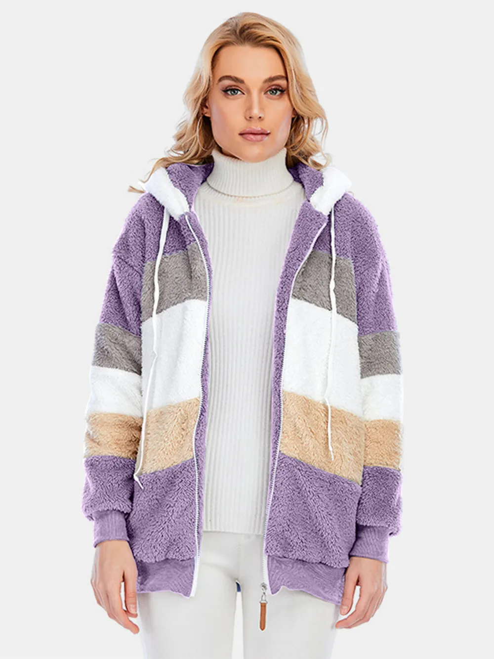 Full Size Drawstring Color Block Zip Up Hooded Outerwear, image 16