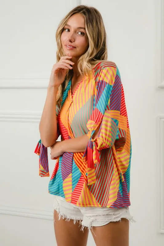 Multi Stripe Block Printed Jersey Blouse with Tied Sleeves, image 4