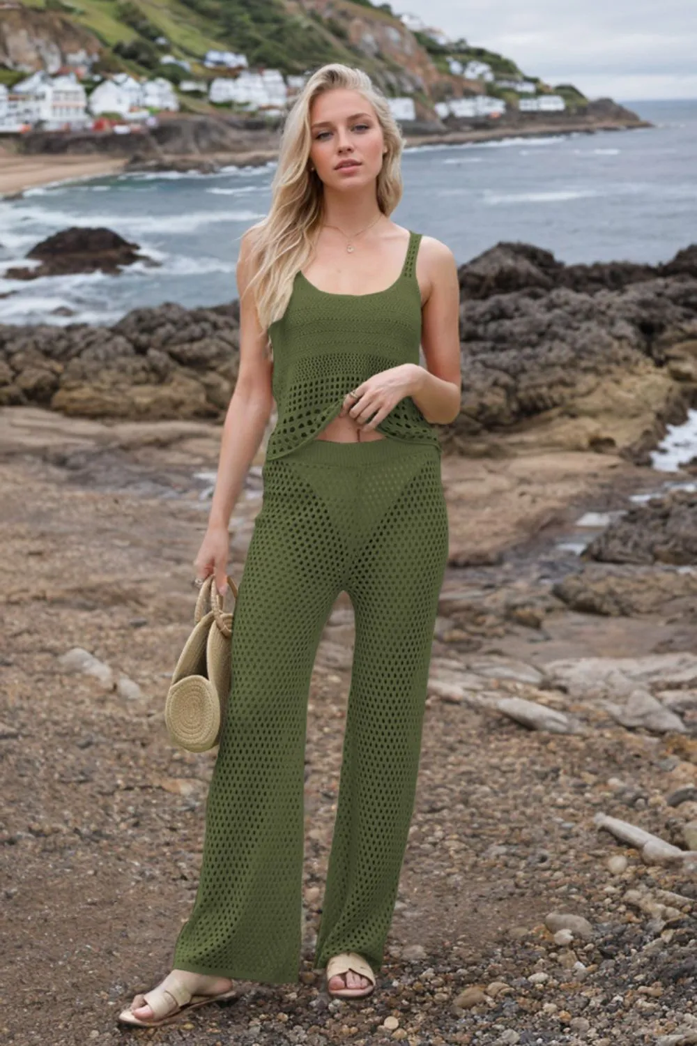 Hollow Out Round Neck Top and Pants Sweater Cover Up Set, image 5