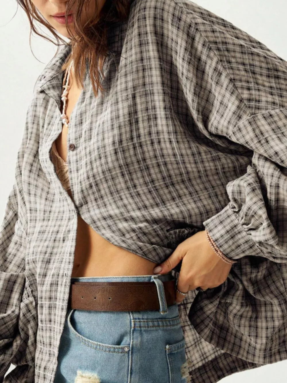 Oversized Plaid Button-Down Shirt, image 9