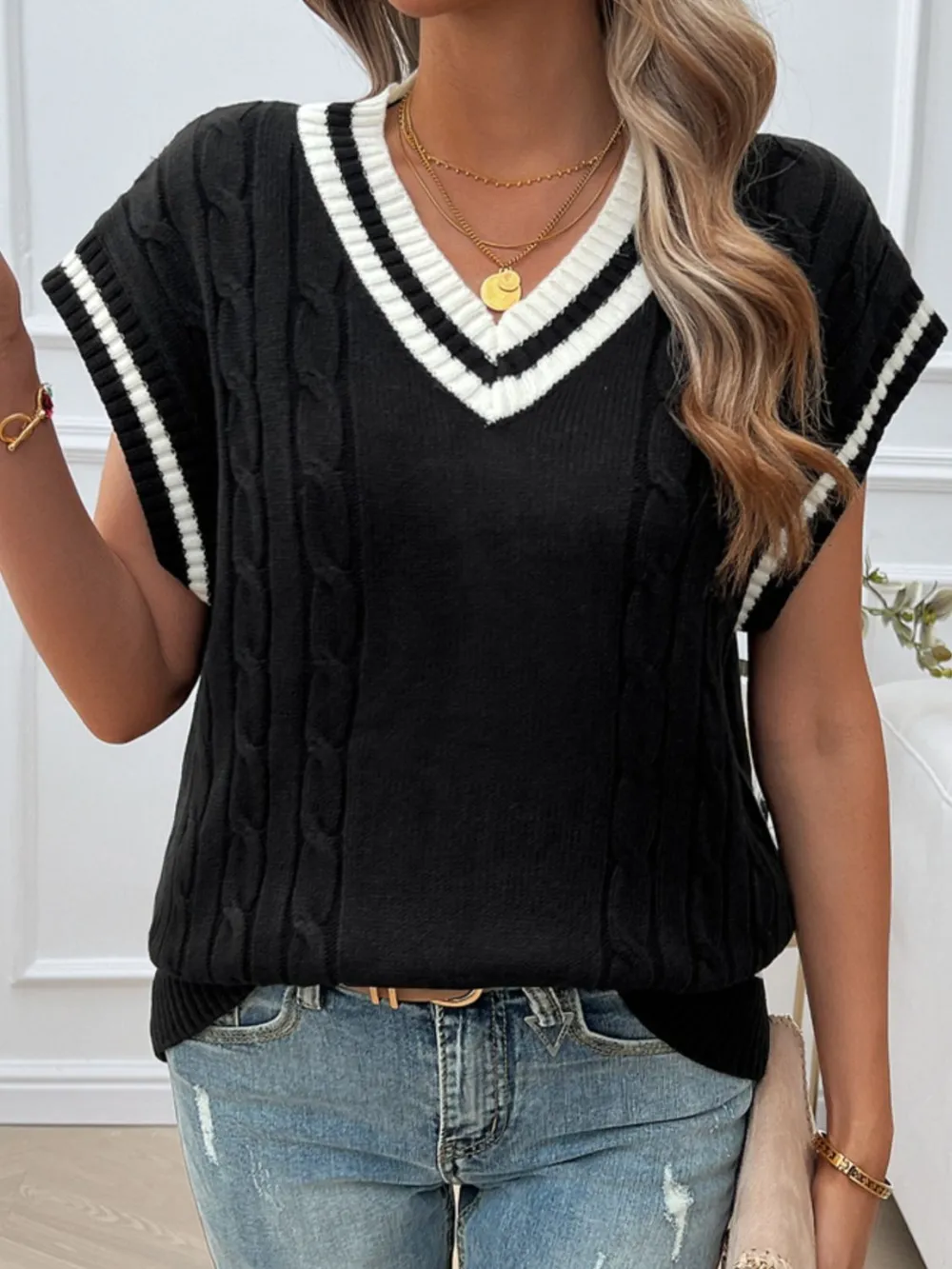 Cable-Knit V-Neck Sweater Vest, image 5