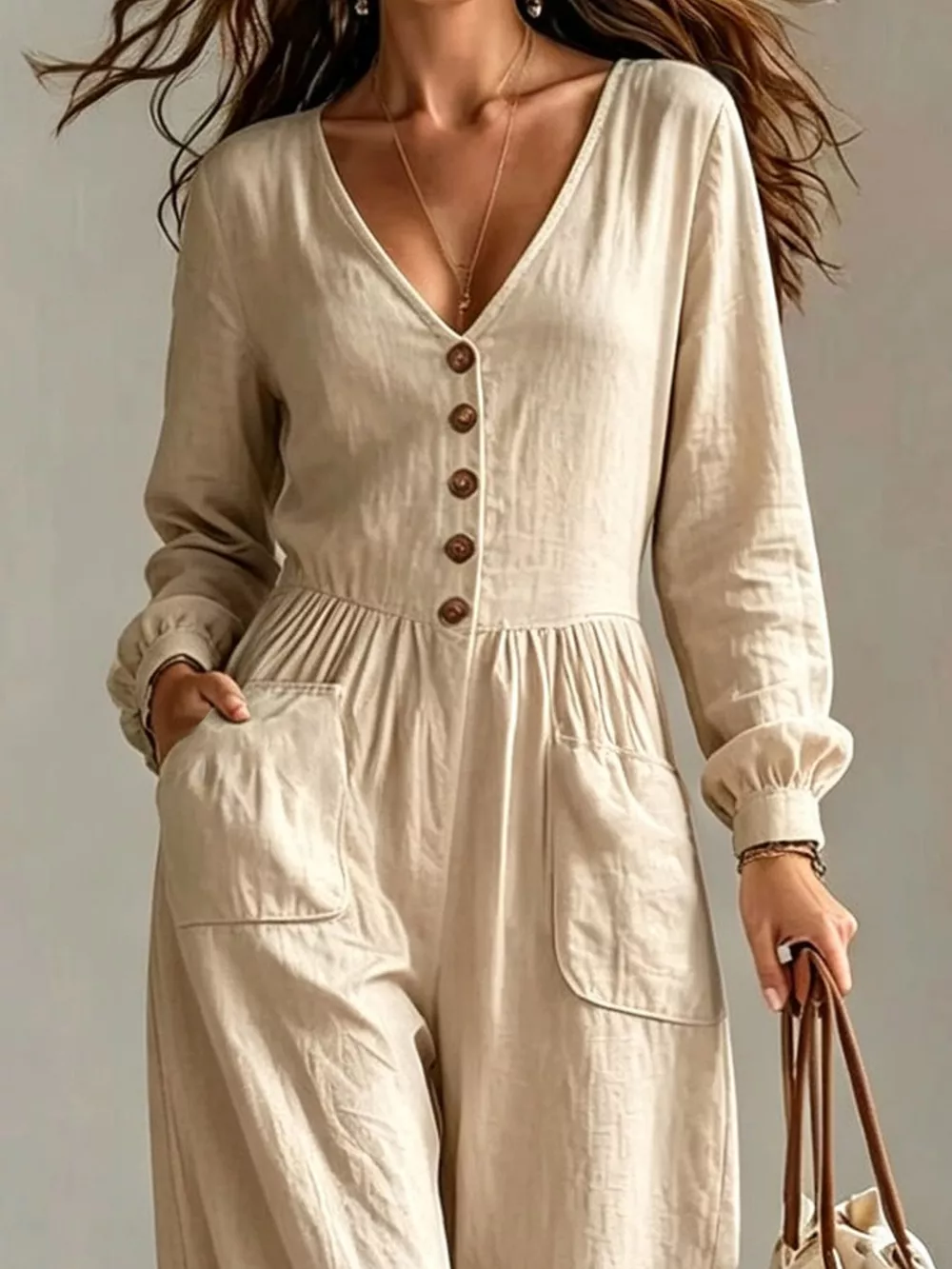 V-Neck Long Sleeve Button-Down Wide Leg Jumpsuit, image 5