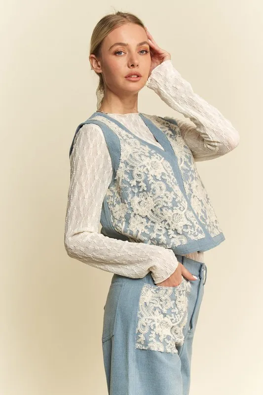 Lace Patch Open Front Denim Vest, image 6
