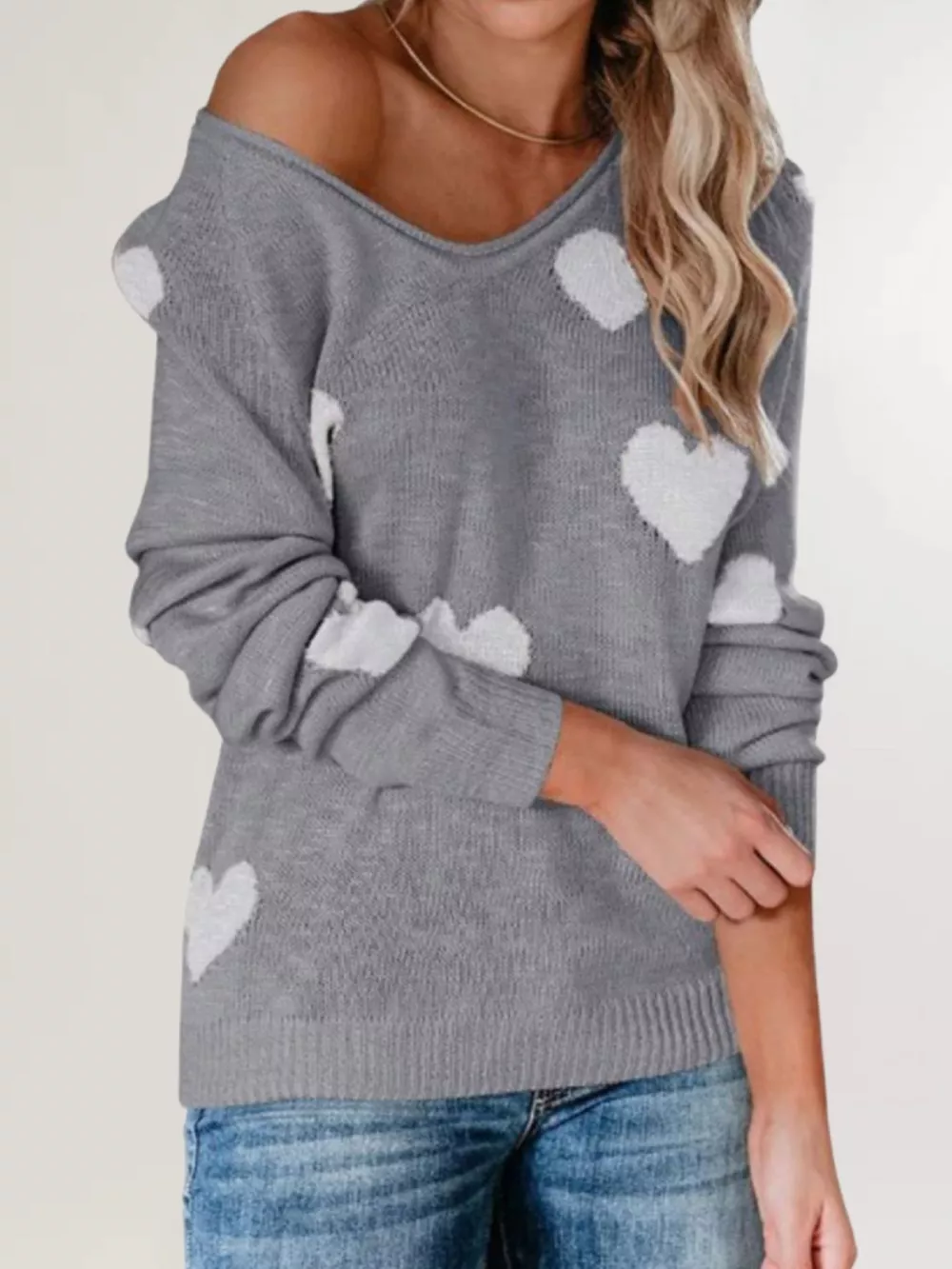 Heart Pattern V-Neck Sweater, image 7