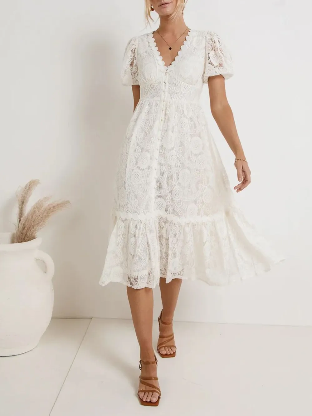 Lace V-Neck Short Sleeve Dress, image 2