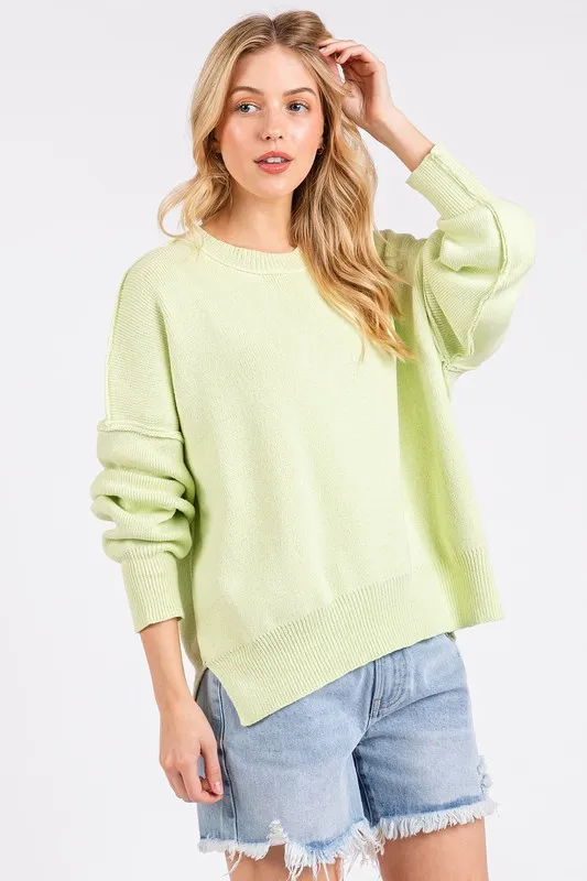 Side Slit Round Neck Drop Shoulder Sweater, image 3
