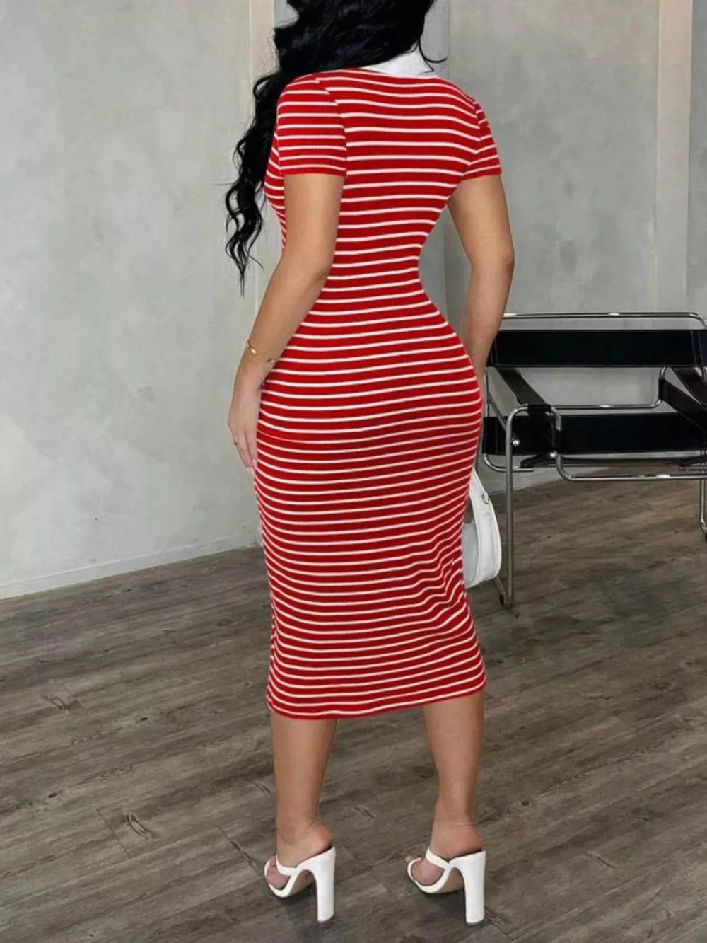 Striped Polo Collar Midi Dress, image 29