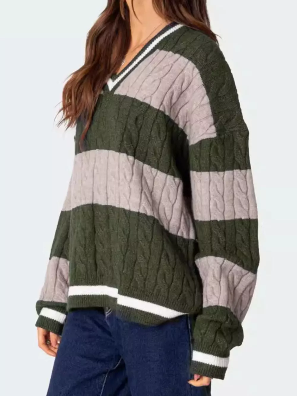Striped Cable Knit V-Neck Sweater, image 16