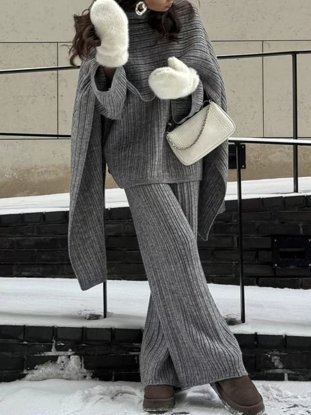 3-Piece Crew Neck Ribbed Sweater and Wide-Leg Pants Set with Scarf, image 9
