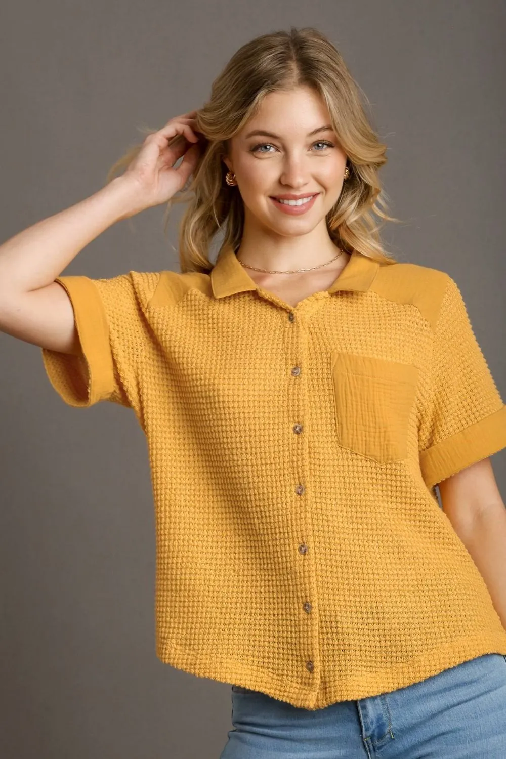 Full Size Waffle-Knit Short Sleeve Button Down Shirt Plus Size