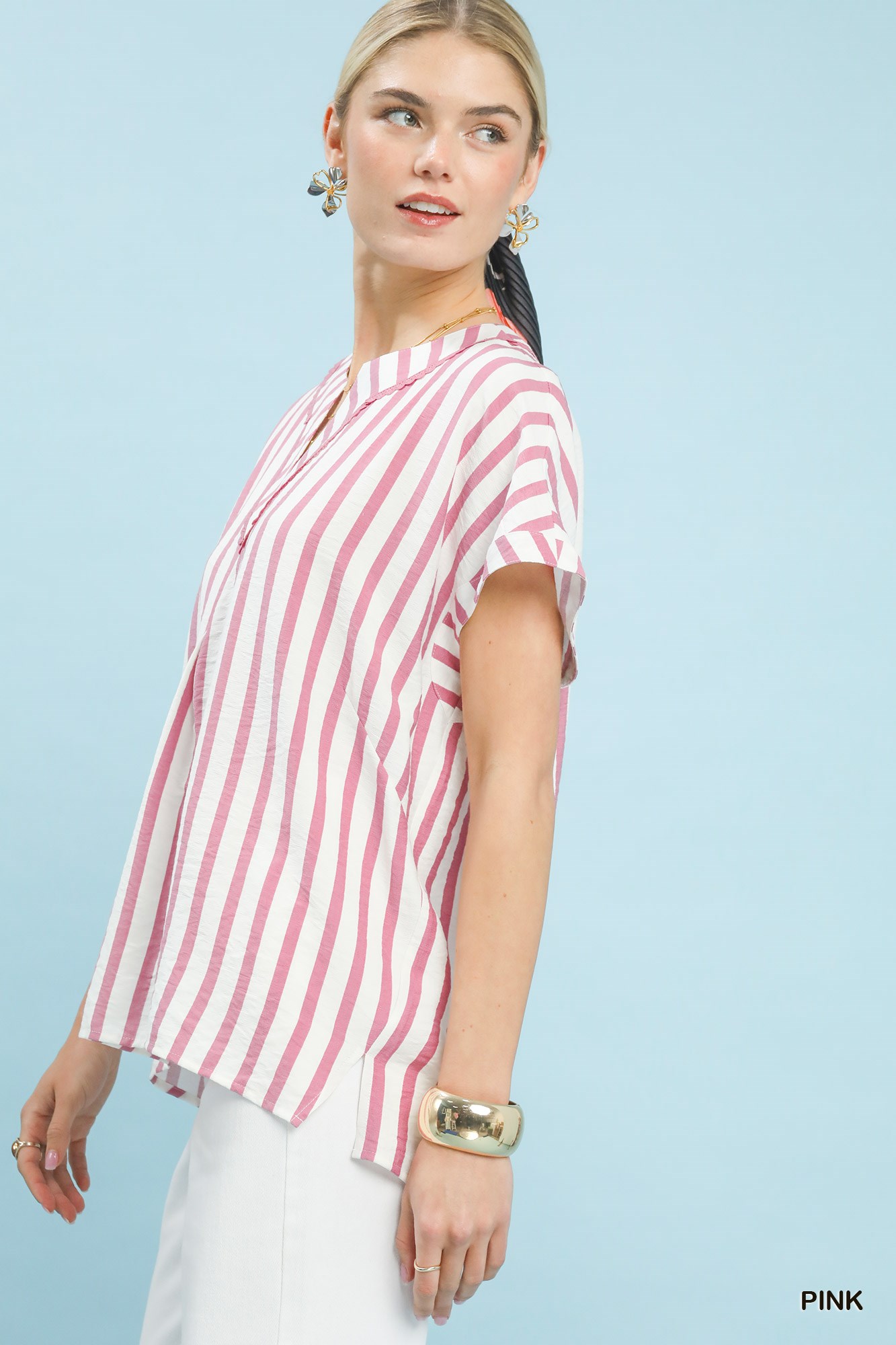 Mixed Stripe Split Neck Oversized Blouse, image 2