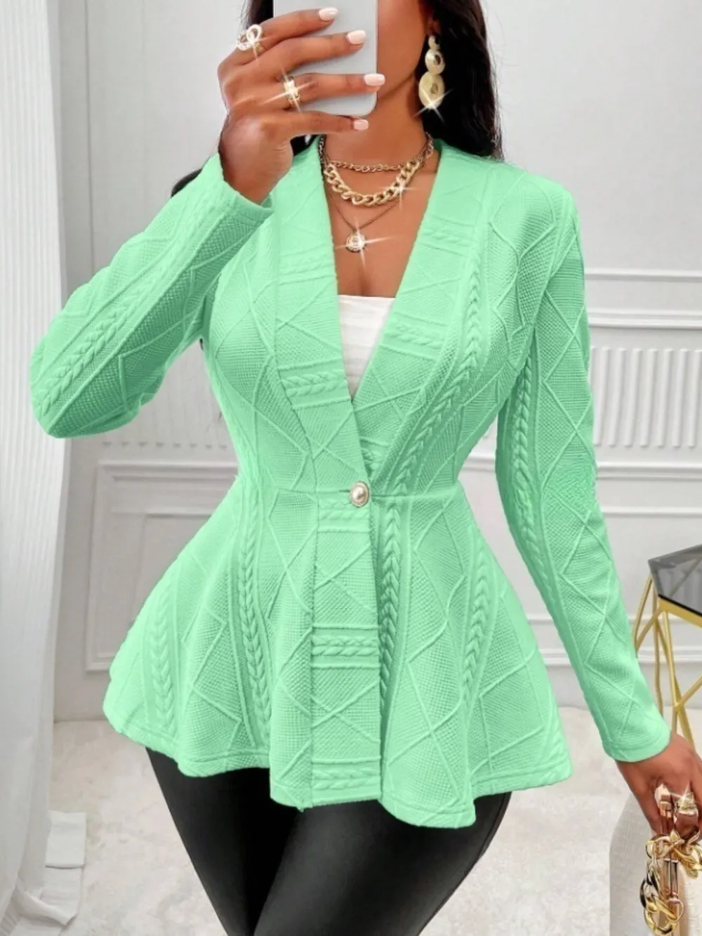One Button Textured Peplum Cardigan, image 26