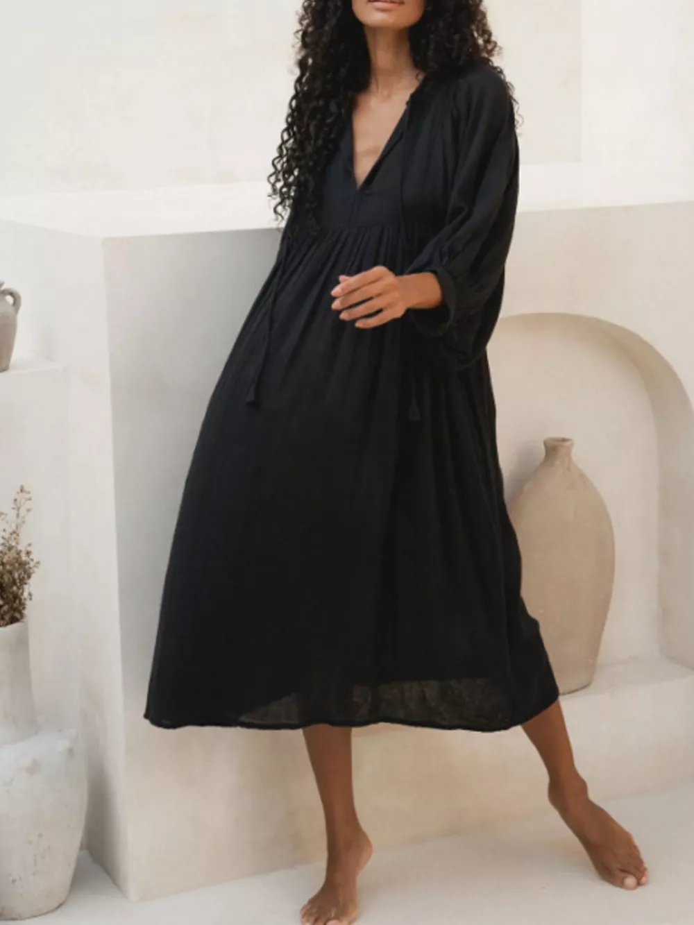 Tie Neck 3/4 Sleeve Midi Dress, image 10