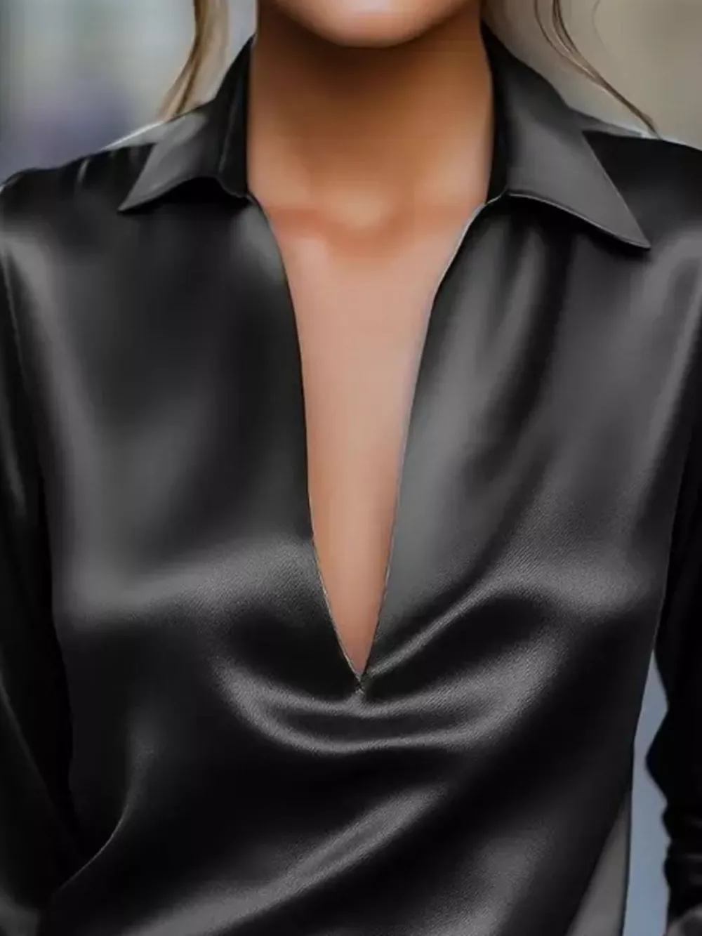 Satin Johnny Collar Long Sleeve Blouse, image 6