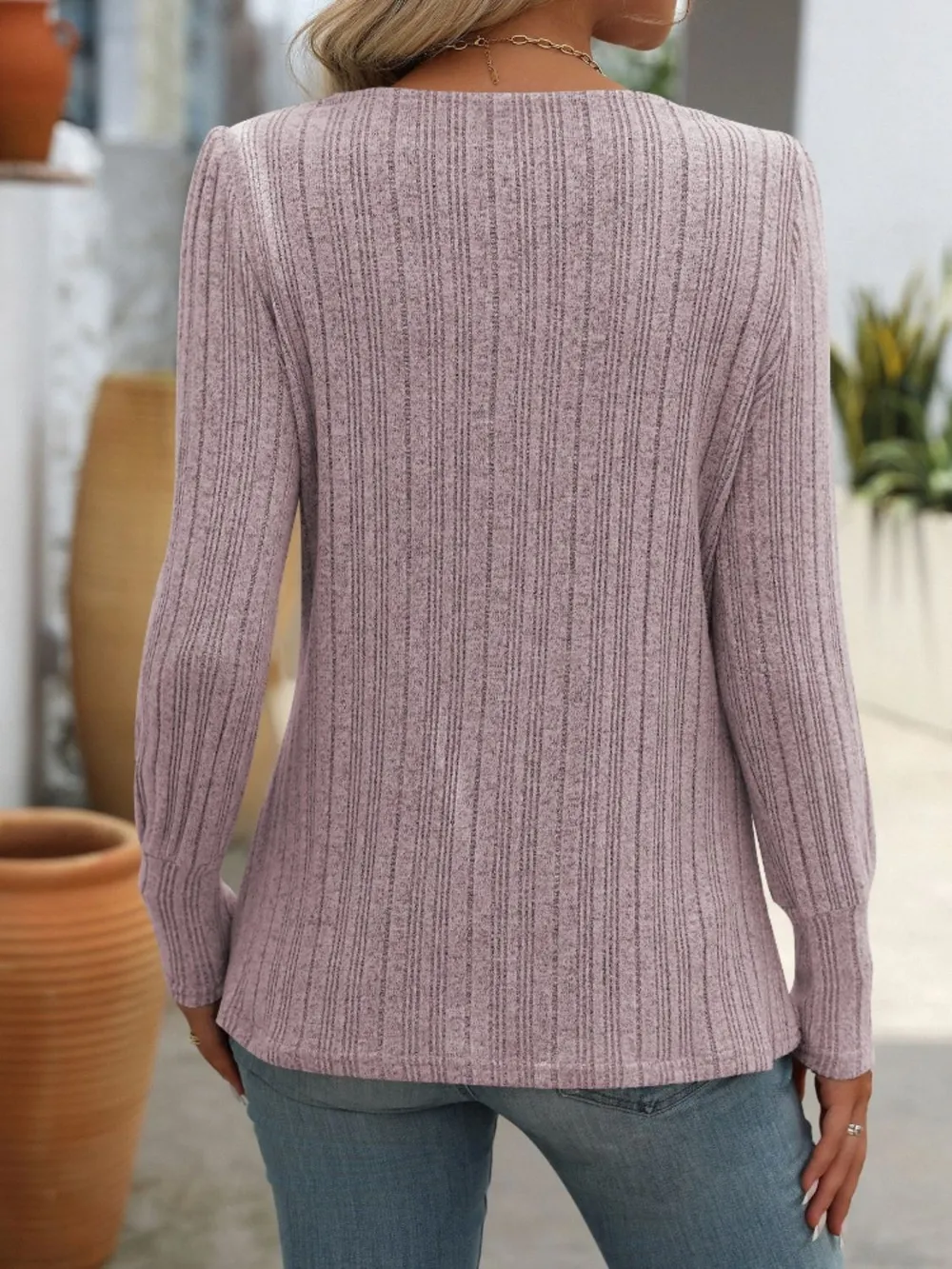 Decorative Button Striped Square Neck Long Sleeve T-Shirt, image 19