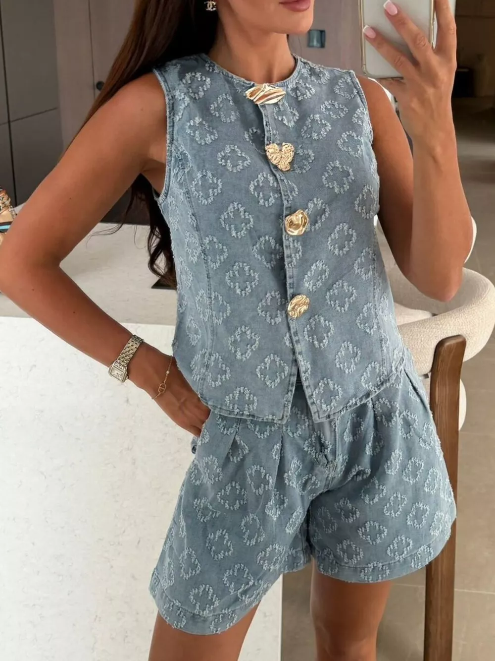 Embossed Vest and Shorts Denim Set with Gold-Tone Buttons, image 4