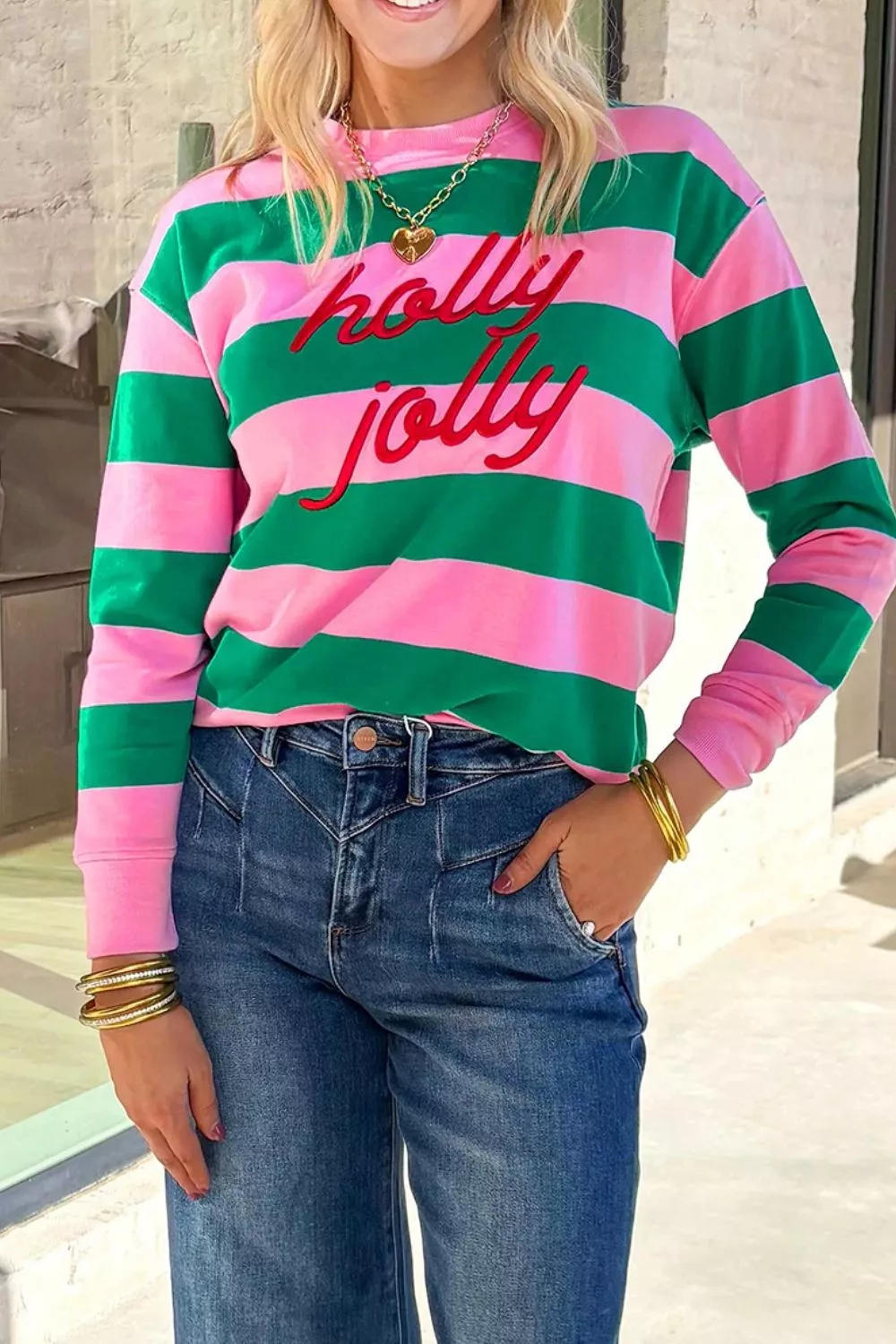 Stripe holly jolly Letter Embroidered Pullover Sweatshirt, image 5