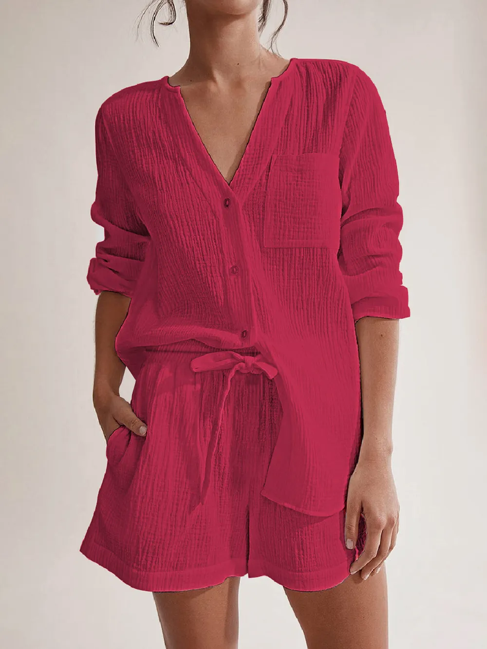 Notched Long Sleeve Top and Shorts Set, image 14