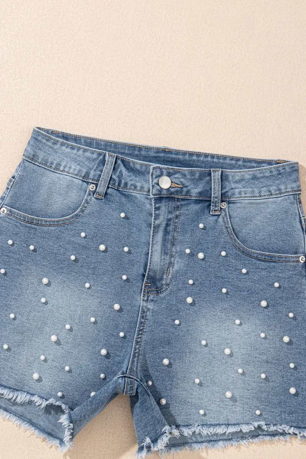 Pearl Beaded Raw Hem Wash Denim Shorts, image 10