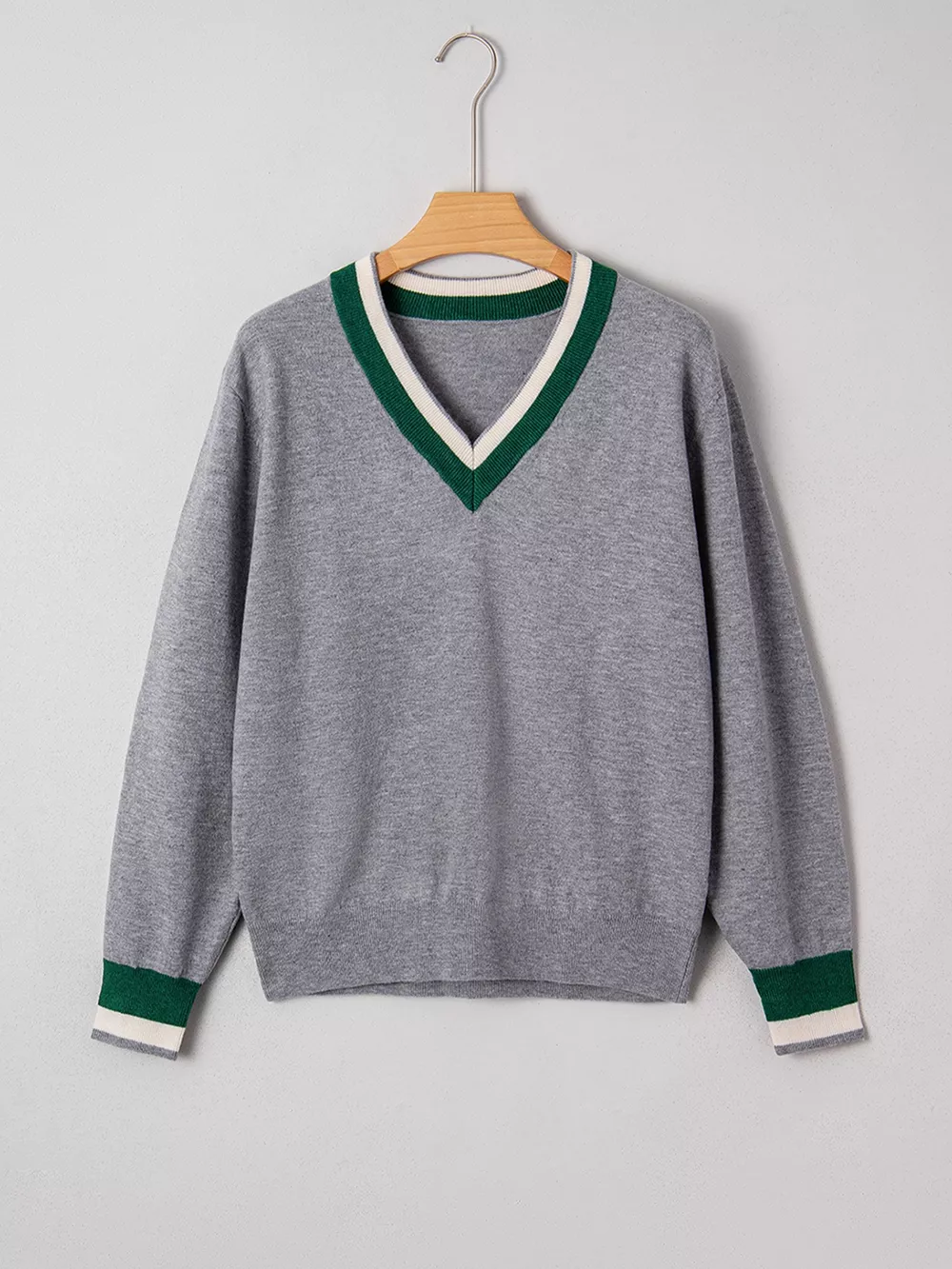 V-Neck Striped Trim Long Sleeve Sweater, image 6