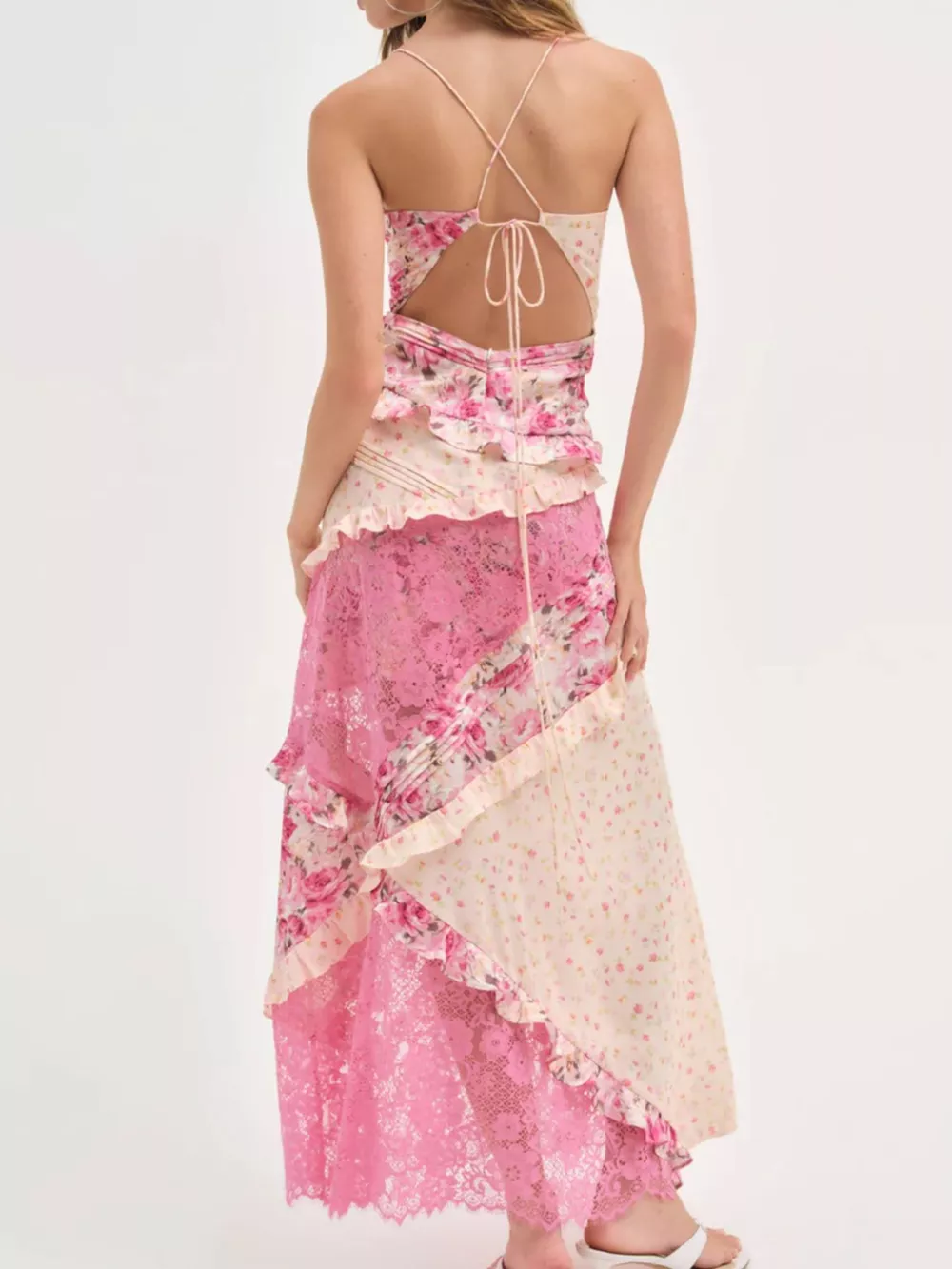Lace Detail Ruffled Floral V-Neck Maxi Dress, image 15