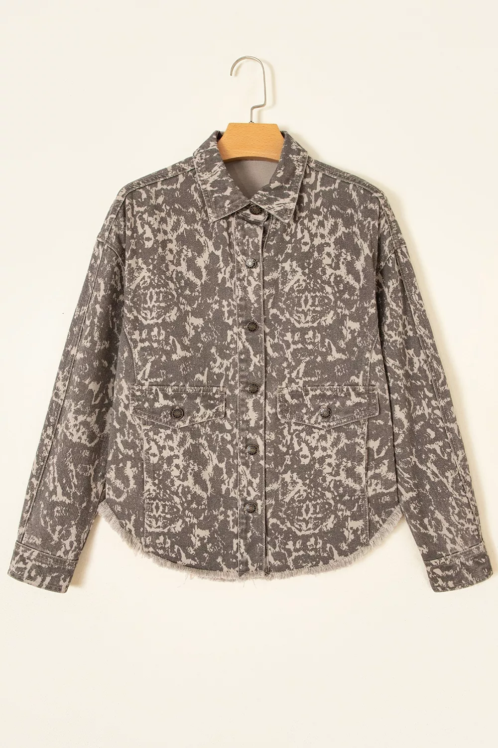 Abstract Print Long Sleeve Collar Raw Hem Denim Jacket, image 5