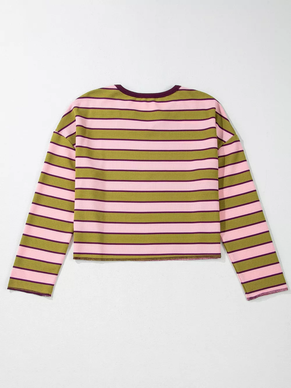 Stripes Waffle Texture Notched Neck Long Sleeve Top, image 7