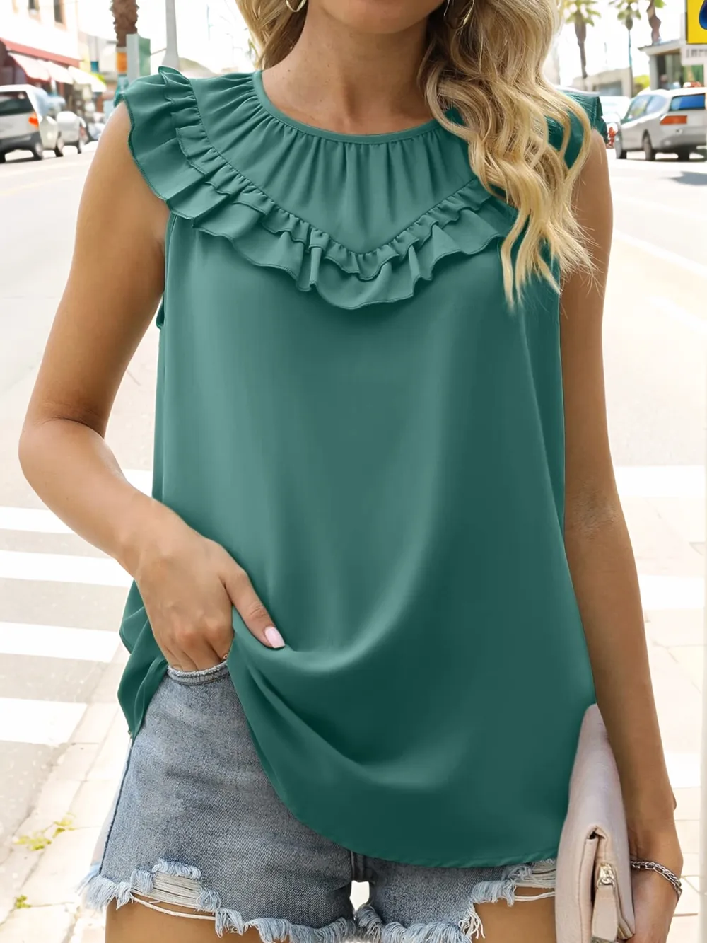 Ruffle Trim Round Neck Blouse, image 3