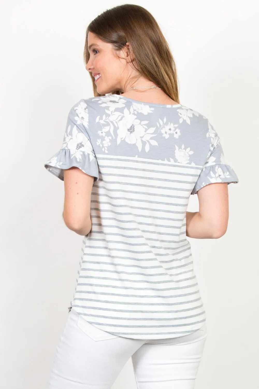Full Size Floral & Striped Flounce Sleeve Top, image 2