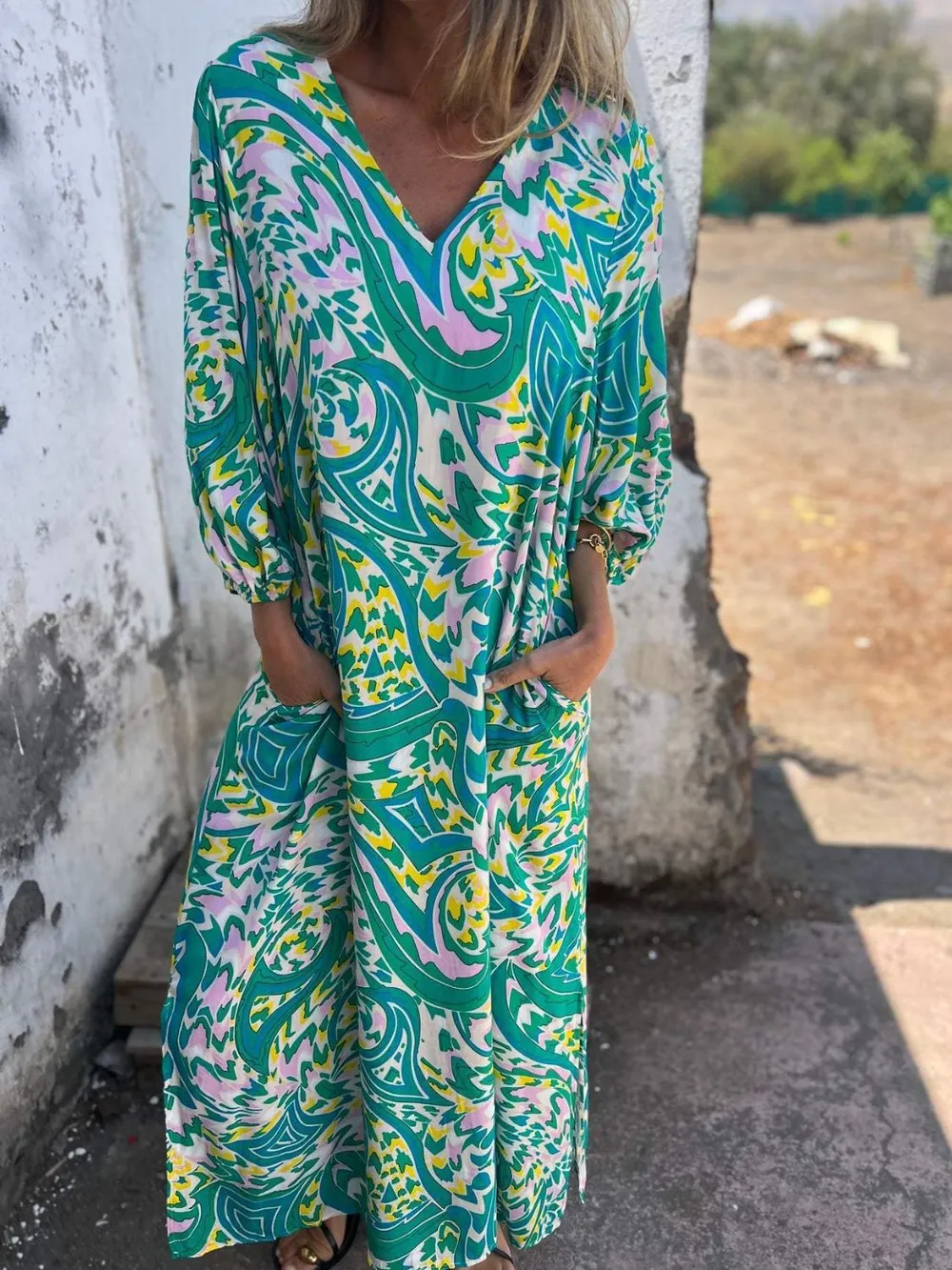 Full Size Printed V-Neck Dress with Pockets Plus Size, image 29