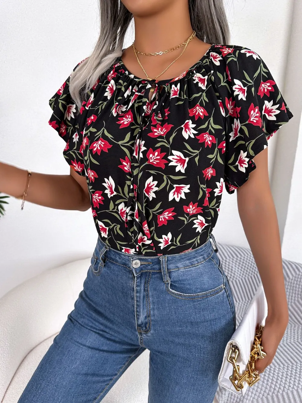 Floral Tie Neck Flutter Sleeve Blouse, image 3