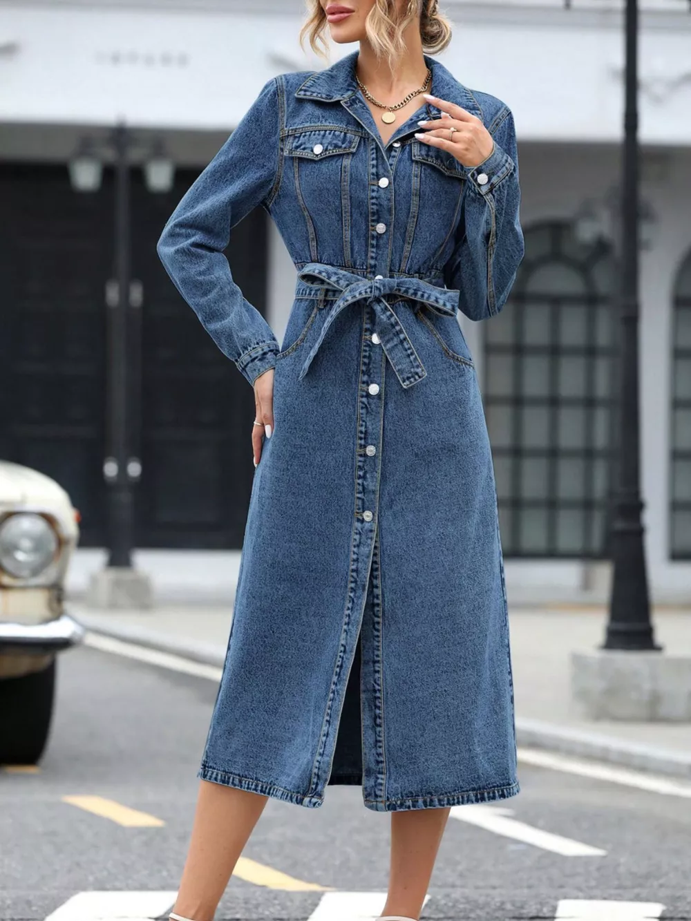 Belted Long Sleeve Denim Dress, image 6