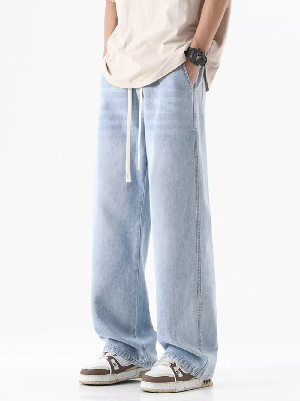 Men's Full Size Drawstring Wash Wide Leg Jeans Plus Size, image 6