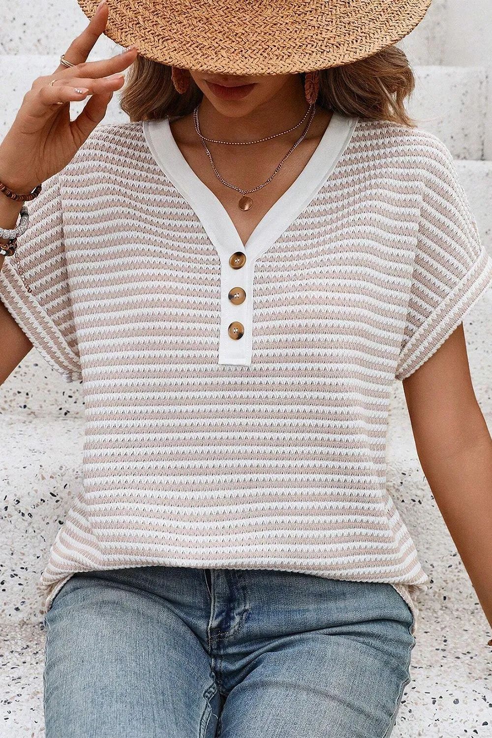 Stripe Buttoned Front V Neck T Shirt, image 7