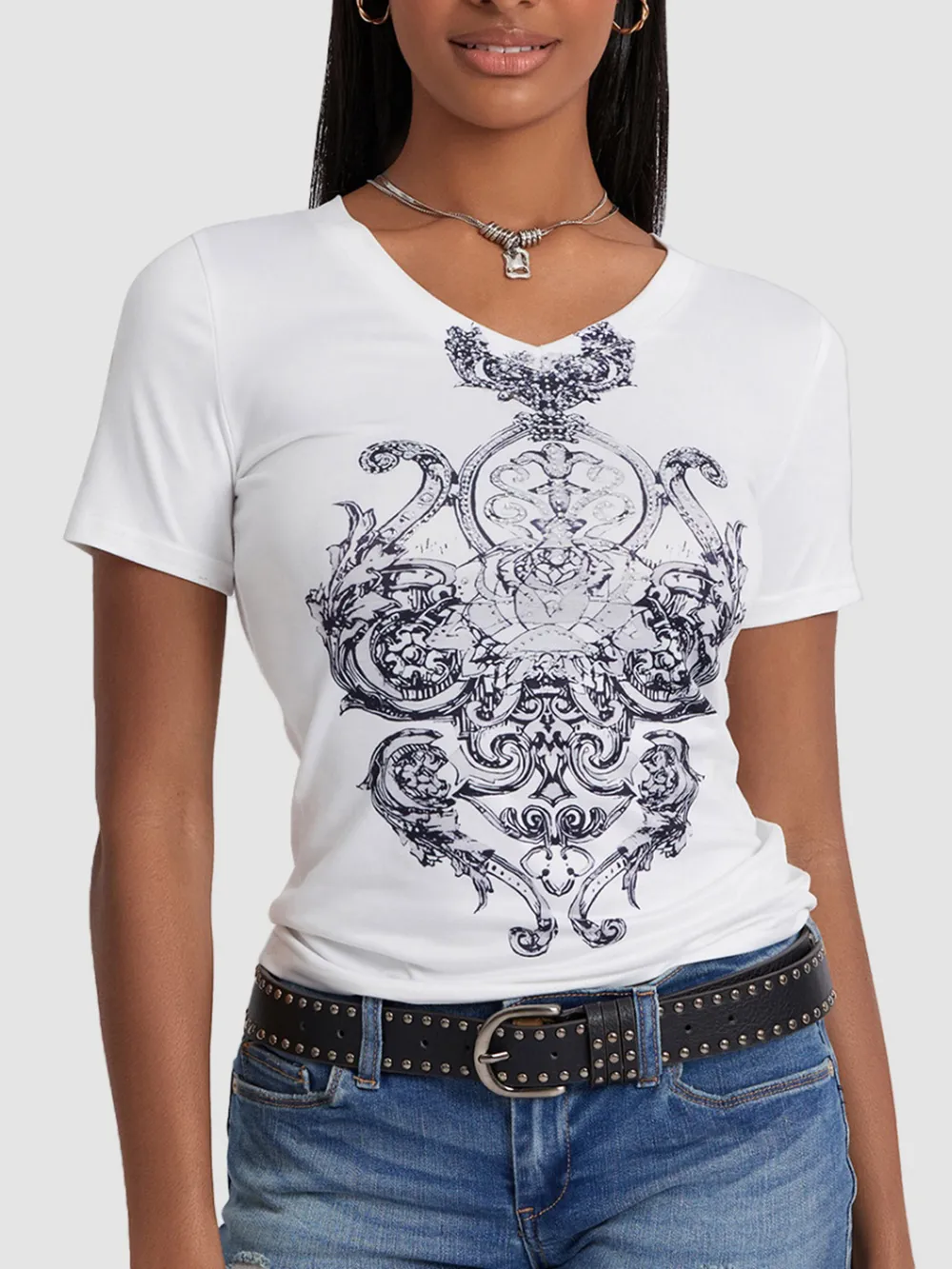 Graphic V-Neck Short Sleeve T-Shirt, image 2