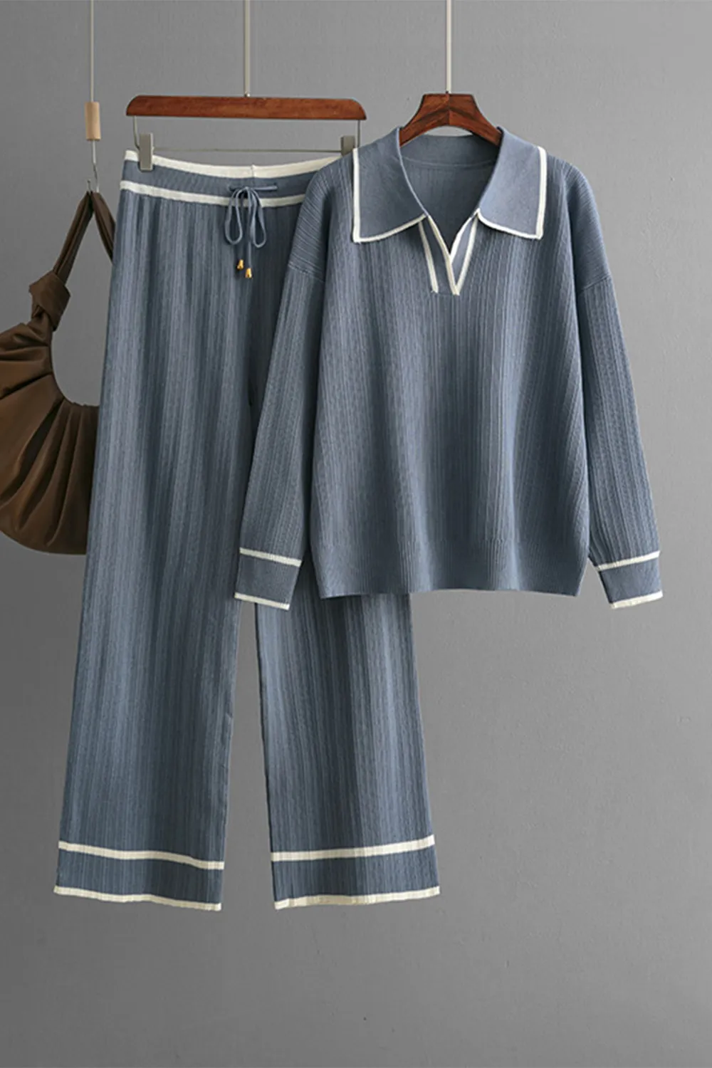 Contrast Trim Johnny Collar Top and Drawstring Pants Sweater Set, image 5