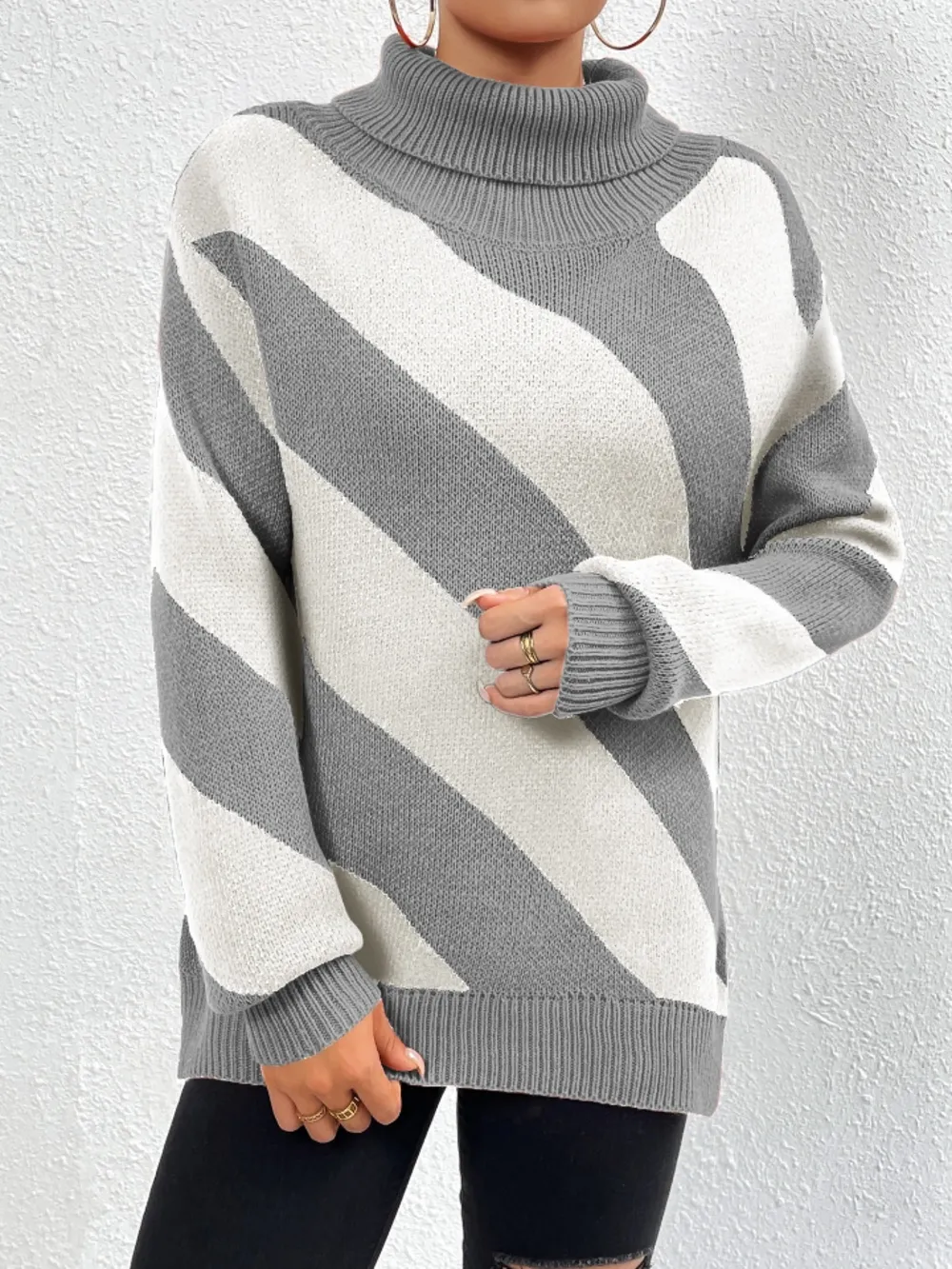 Striped Turtleneck Dropped Shoulder Sweater, image 6