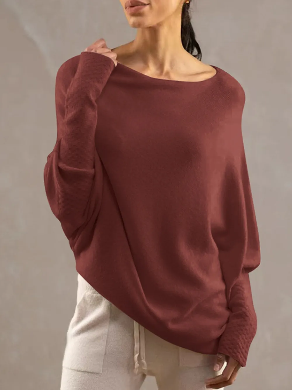 Full Size Boat Neck Batwing Sleeve Knit Top, image 16