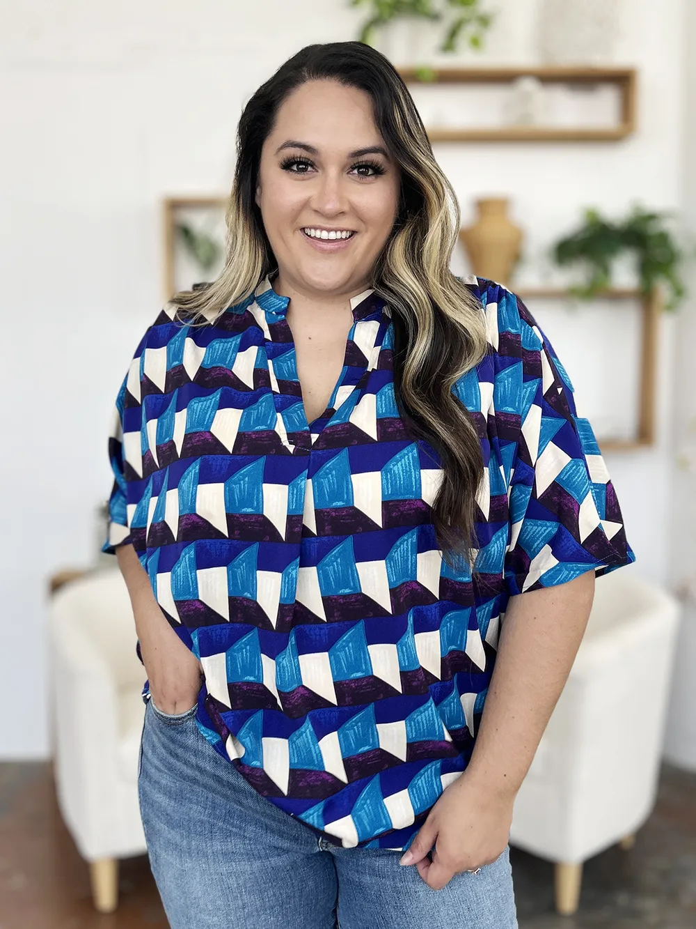 Full Size Geometric Notched Half Sleeve Blouse, image 16