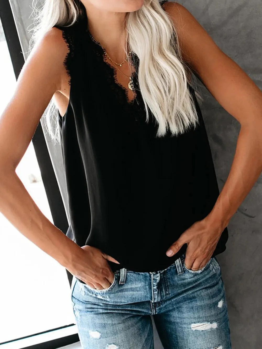 Lace Detail V-Neck Tank, image 8