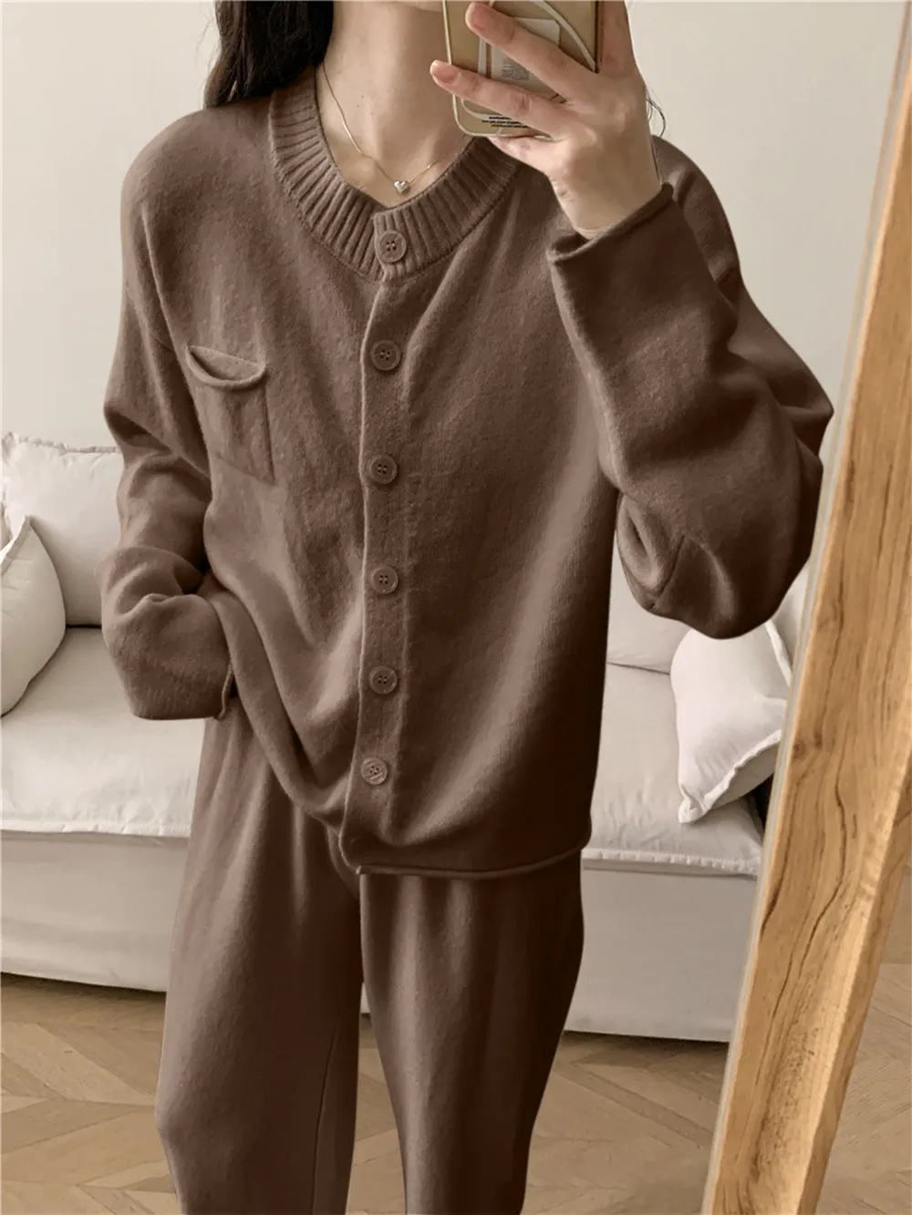 Pocketed Round Neck Button Up Cardigan and Pants Sweater Set, image 13