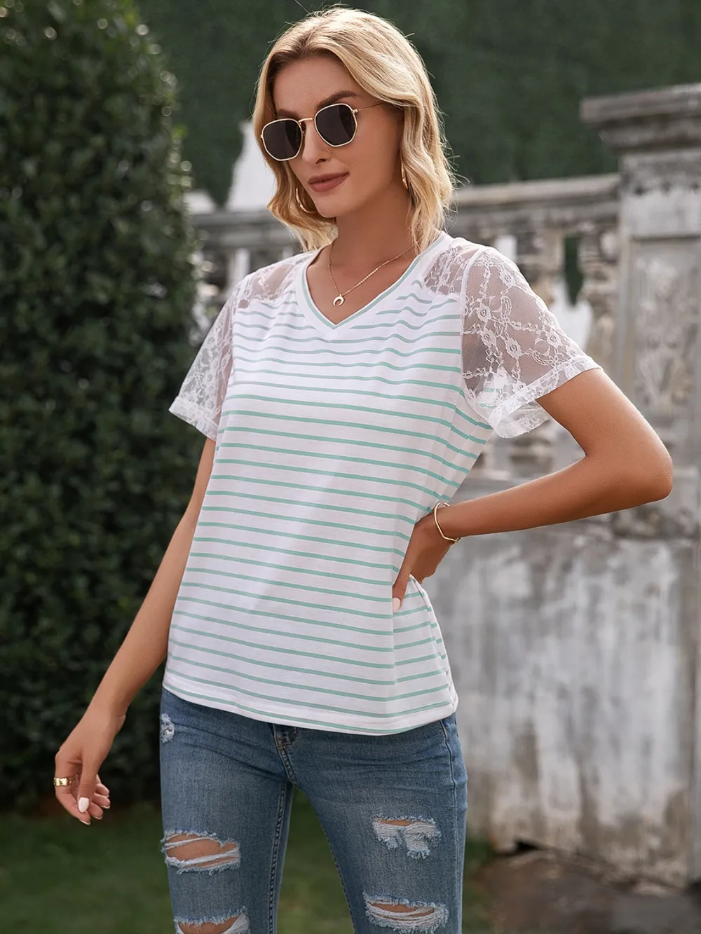 Lace Detail Striped V-Neck T-Shirt, image 2